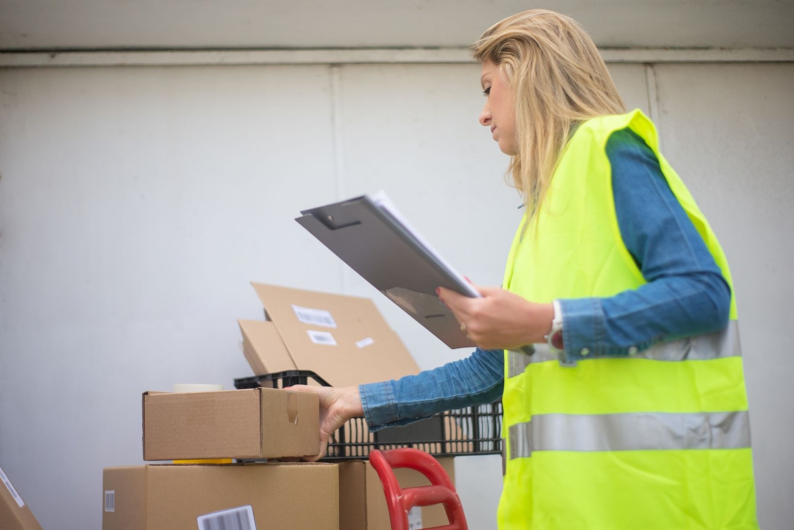 A parcel manifest checked line by line against the boxes on the cart