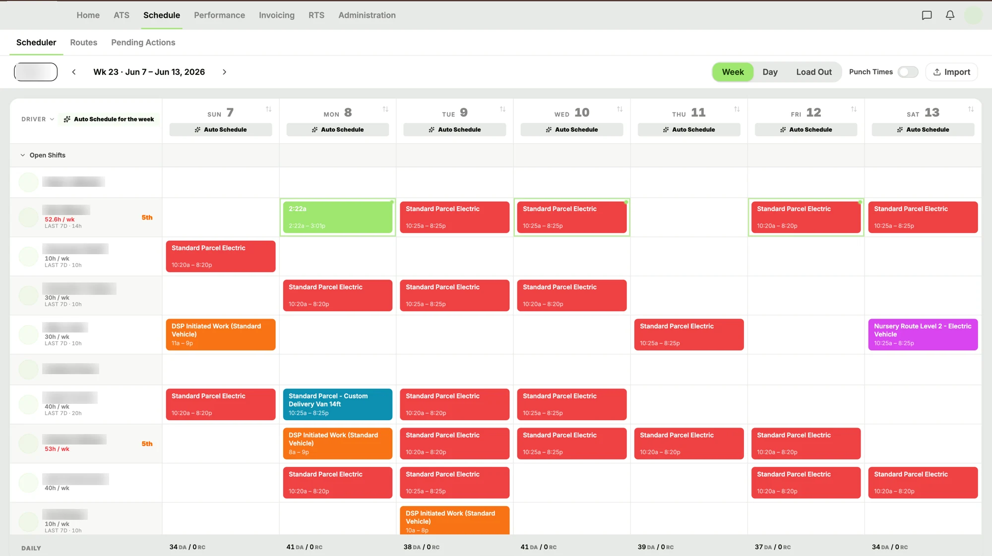 The scheduler's week view: seven day columns, one row per driver, each shift a colored block showing its route type and hours.